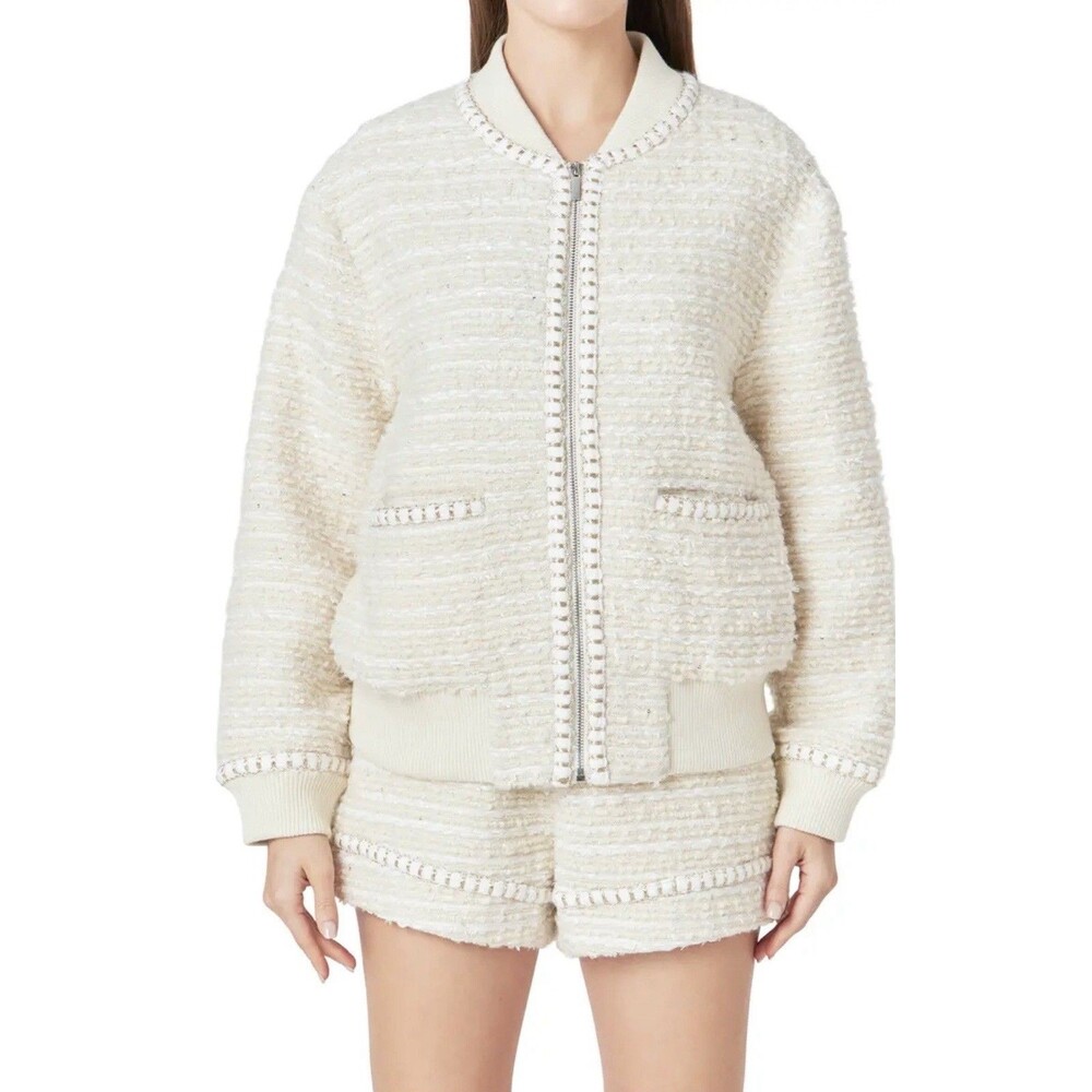 Endless Rose Ivory Gold Metallic Tweed Bomber Jacket Womens Size Medium NWOT